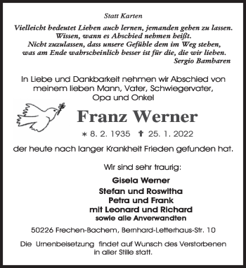 Anzeige von Franz Werner von  Wochenende 