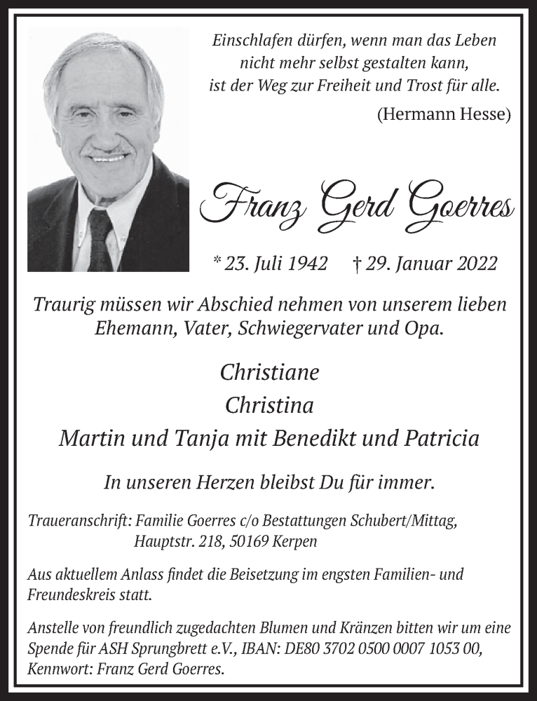  Traueranzeige für Franz Gerd Goerres vom 11.02.2022 aus  Werbepost 
