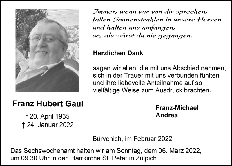  Traueranzeige für Franz Hubert Gaul vom 26.02.2022 aus  Blickpunkt Euskirchen 