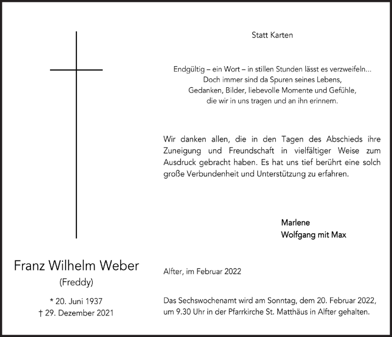  Traueranzeige für Franz Wilhelm Weber vom 04.02.2022 aus  Schaufenster/Blickpunkt 