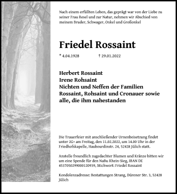 Anzeige von Friedel Rossaint von Kölner Stadt-Anzeiger / Kölnische Rundschau / Express