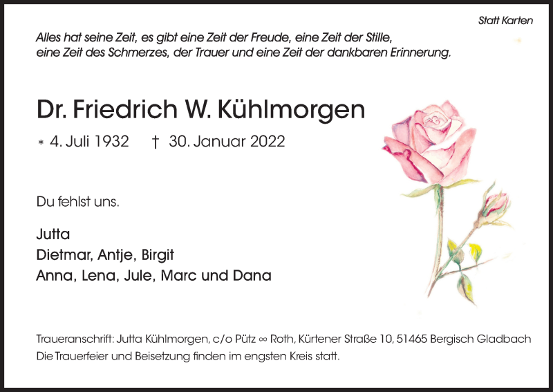  Traueranzeige für Friedrich W. Kühlmorgen vom 05.02.2022 aus Kölner Stadt-Anzeiger / Kölnische Rundschau / Express