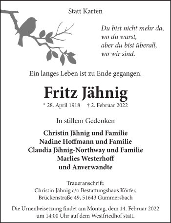 Anzeige von Fritz Jähnig von  Anzeigen Echo 