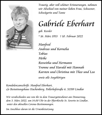 Anzeige von Gabriefe Eberhart von Kölner Stadt-Anzeiger / Kölnische Rundschau / Express