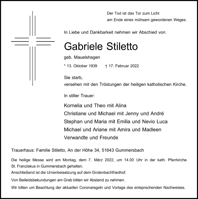  Traueranzeige für Gabriele Stiletto vom 25.02.2022 aus  Anzeigen Echo 