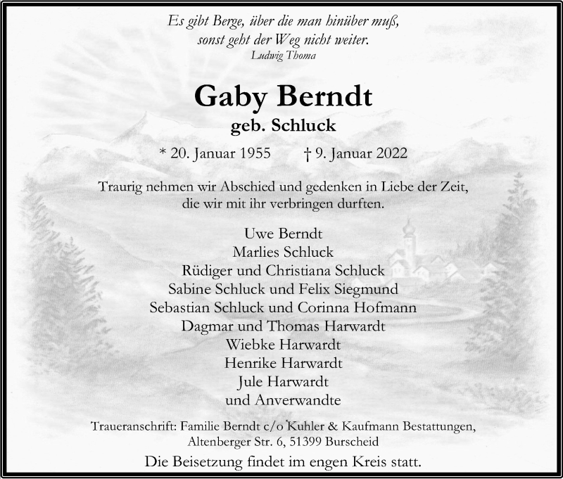  Traueranzeige für Gaby Berndt vom 05.02.2022 aus Kölner Stadt-Anzeiger / Kölnische Rundschau / Express
