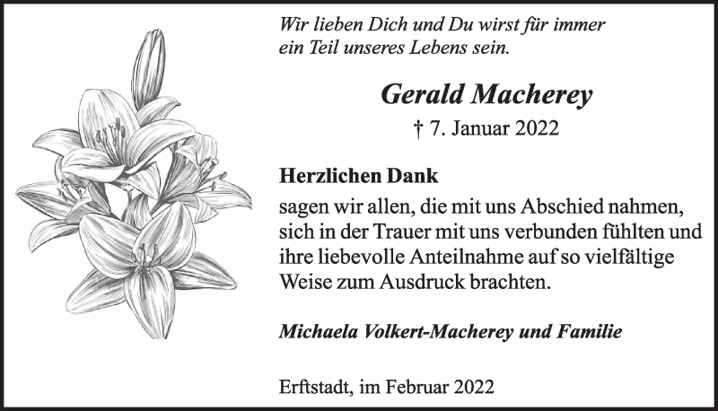  Traueranzeige für Gerald Macherey vom 25.02.2022 aus  Werbepost 