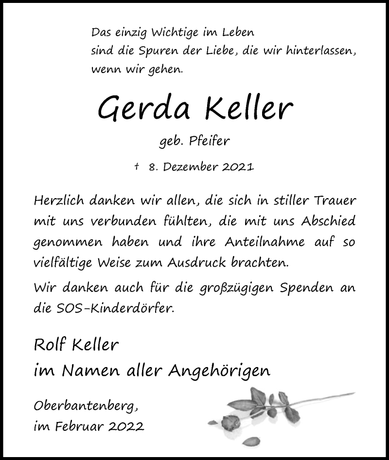  Traueranzeige für Gerda Keller vom 05.02.2022 aus Kölner Stadt-Anzeiger / Kölnische Rundschau / Express