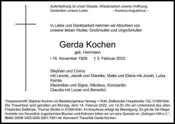 Anzeige von Gerda Kochen von Kölner Stadt-Anzeiger / Kölnische Rundschau / Express