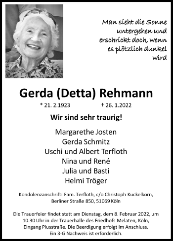 Anzeige von Gerda Rehmann von Kölner Stadt-Anzeiger / Kölnische Rundschau / Express