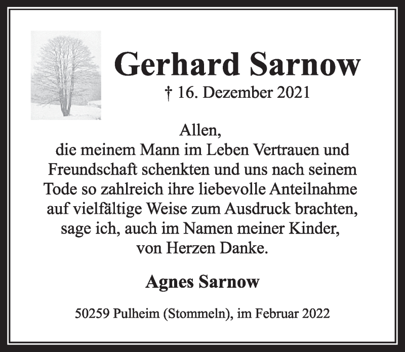  Traueranzeige für Gerhard Sarnow vom 04.02.2022 aus  Wochenende 