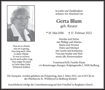 Anzeige von Gerta Blum von  Werbepost 