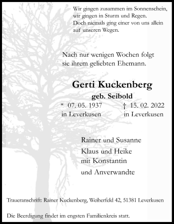 Anzeige von Gerti Kuckenberg von Kölner Stadt-Anzeiger / Kölnische Rundschau / Express