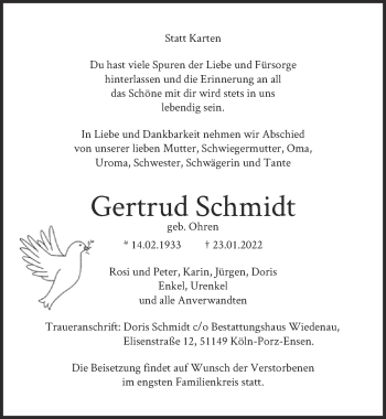Anzeige von Gertrud Schmidt 