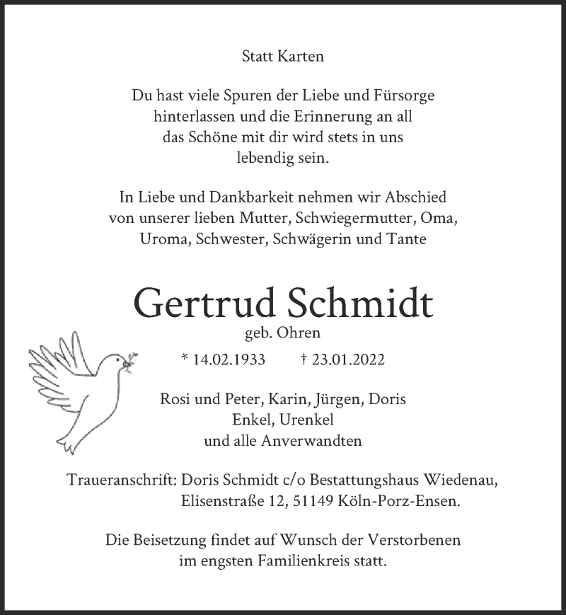  Traueranzeige für Gertrud Schmidt vom 04.02.2022 aus 
