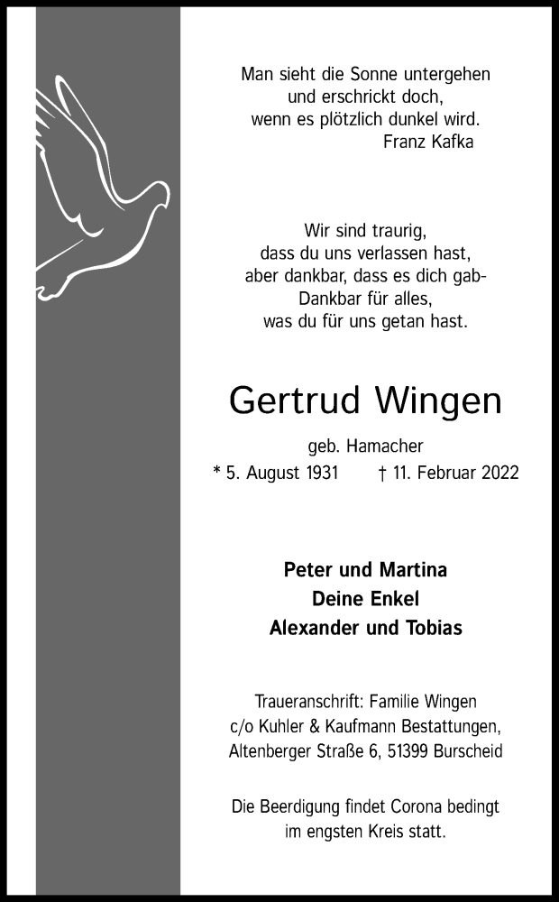  Traueranzeige für Gertrud Wingen vom 19.02.2022 aus Kölner Stadt-Anzeiger / Kölnische Rundschau / Express