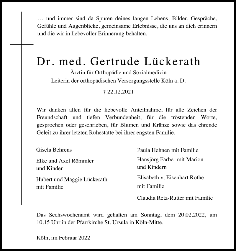  Traueranzeige für Gertrude Lückerath vom 05.02.2022 aus Kölner Stadt-Anzeiger / Kölnische Rundschau / Express