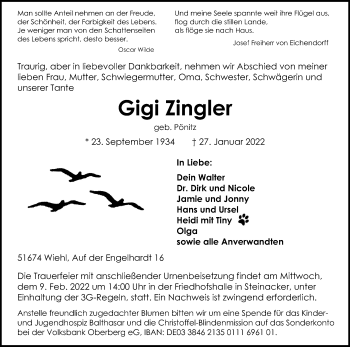 Anzeige von Gigi Zingler von Kölner Stadt-Anzeiger / Kölnische Rundschau / Express