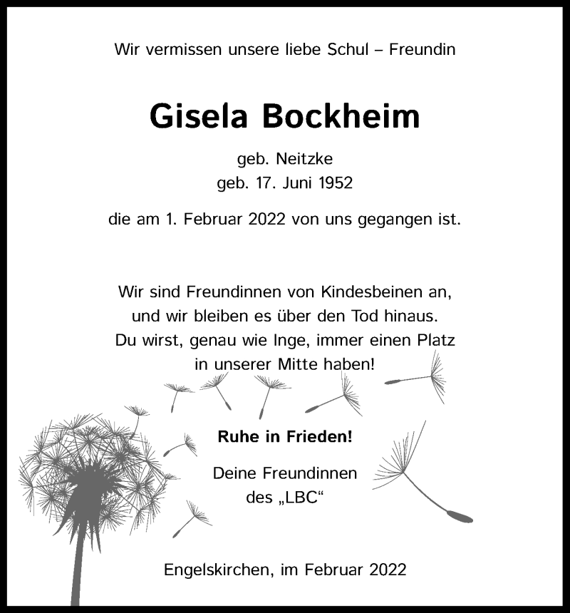  Traueranzeige für Gisela Bockheim vom 05.02.2022 aus Kölner Stadt-Anzeiger / Kölnische Rundschau / Express
