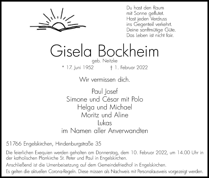  Traueranzeige für Gisela Bockheim vom 05.02.2022 aus Kölner Stadt-Anzeiger / Kölnische Rundschau / Express