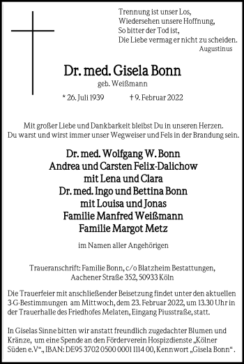 Anzeige von Gisela Bonn von Kölner Stadt-Anzeiger / Kölnische Rundschau / Express