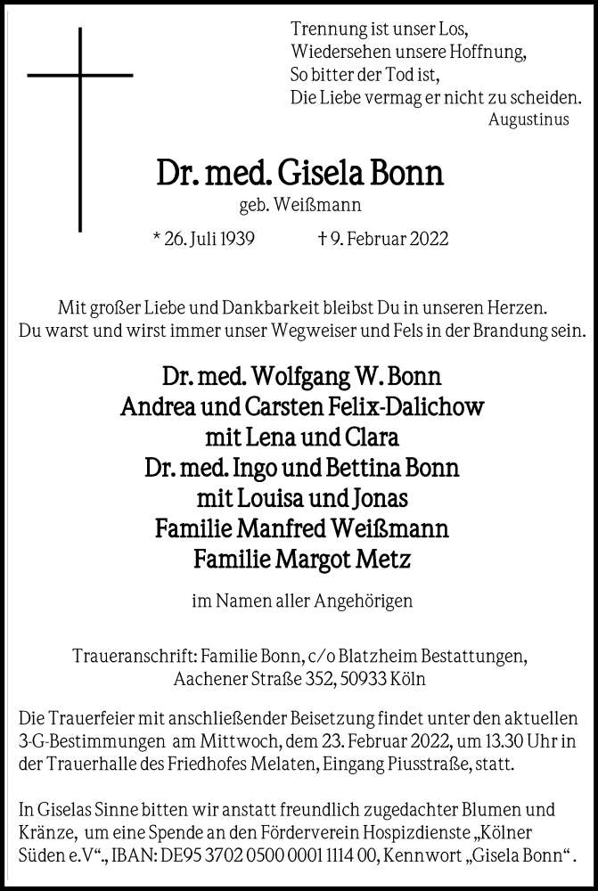 Traueranzeige für Gisela Bonn vom 19.02.2022 aus Kölner Stadt-Anzeiger / Kölnische Rundschau / Express
