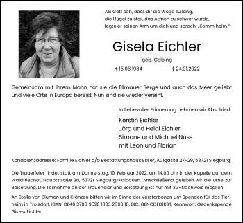 Anzeige von Gisela Eichler von Kölner Stadt-Anzeiger / Kölnische Rundschau / Express