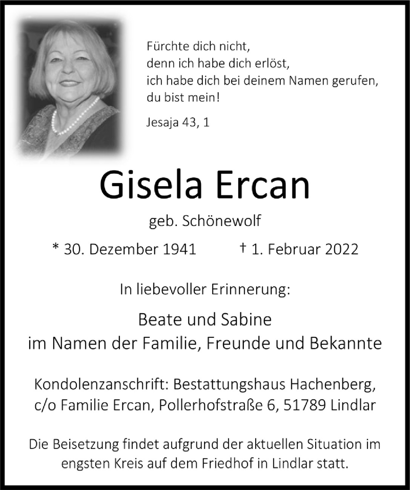  Traueranzeige für Gisela Ercan vom 18.02.2022 aus  Anzeigen Echo 