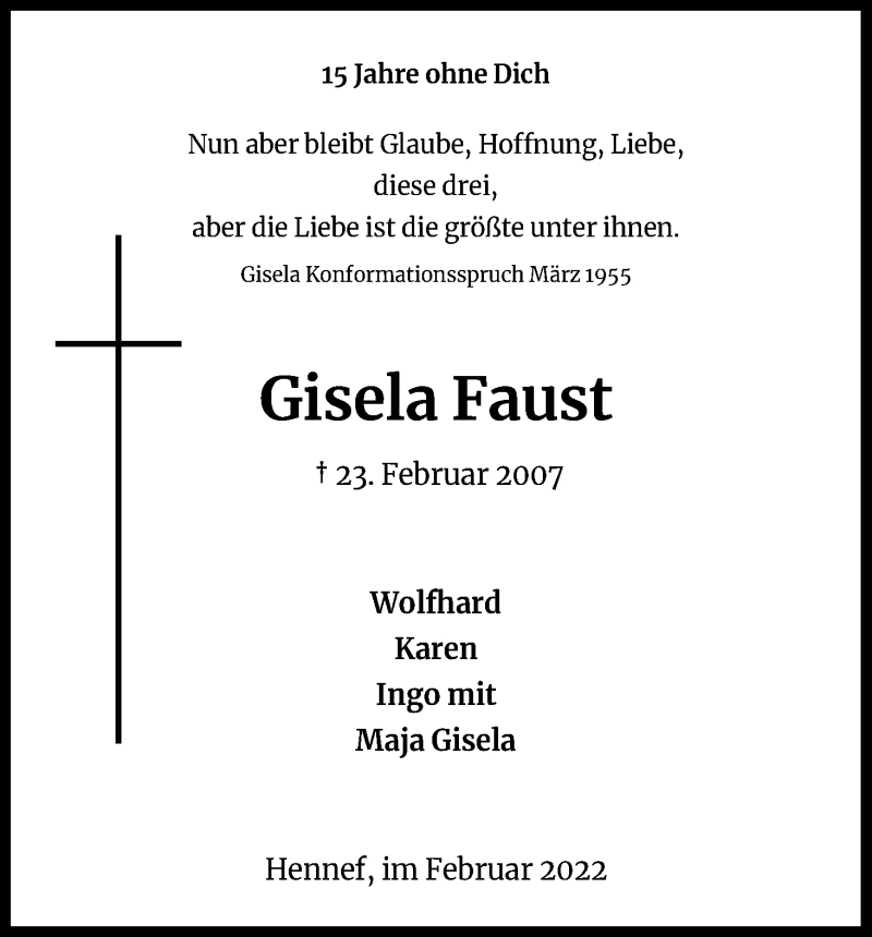  Traueranzeige für Gisela Faust vom 23.02.2022 aus Kölner Stadt-Anzeiger / Kölnische Rundschau / Express