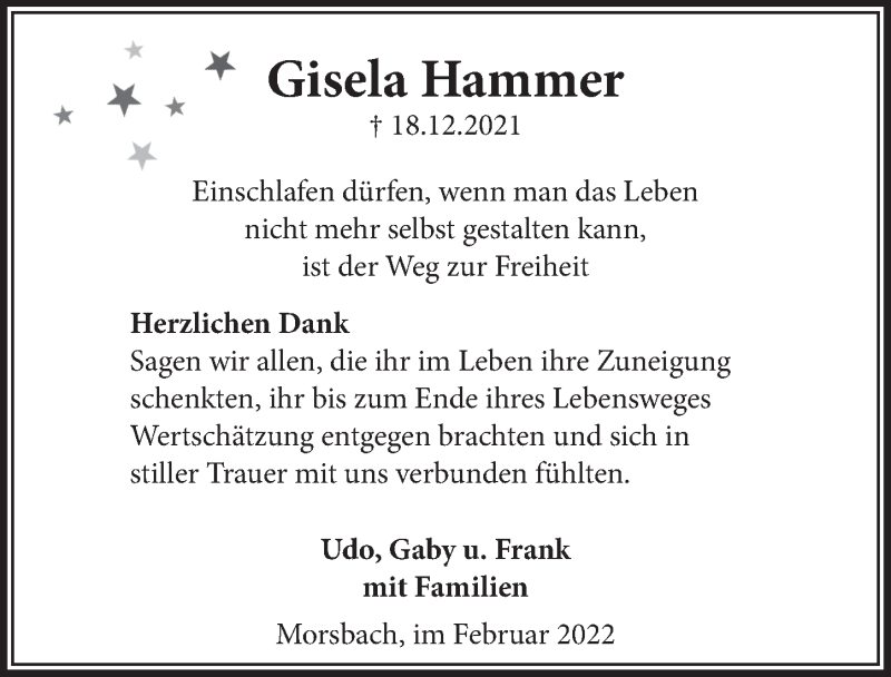  Traueranzeige für Gisela Hammer vom 11.02.2022 aus  Lokalanzeiger 