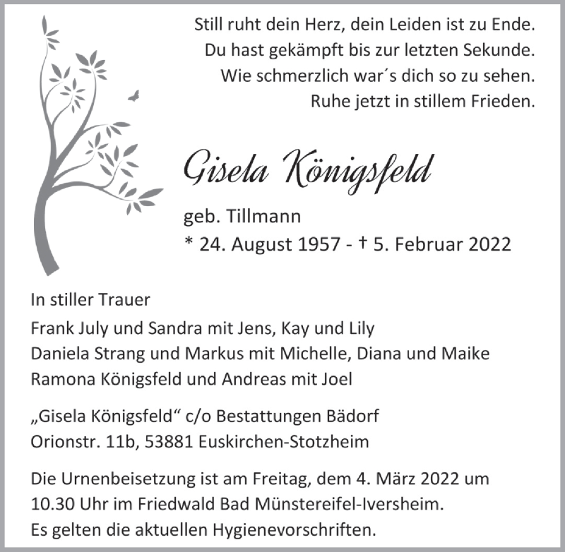  Traueranzeige für Gisela Königsfeld vom 26.02.2022 aus  Blickpunkt Euskirchen 