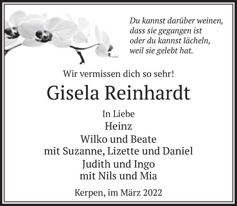  Traueranzeige für Gisela Reinhardt vom 25.02.2022 aus  Werbepost 