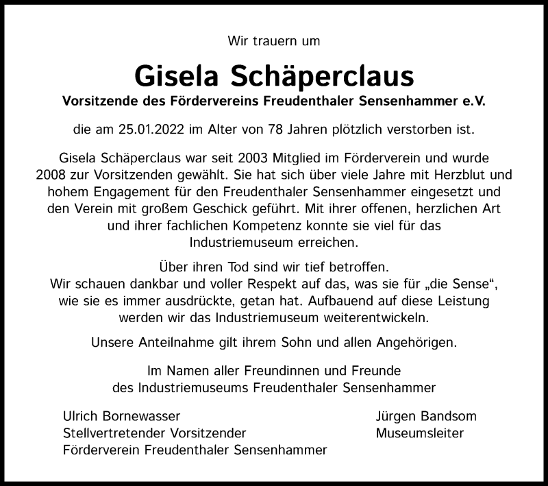  Traueranzeige für Gisela Schäperclaus vom 08.02.2022 aus Kölner Stadt-Anzeiger / Kölnische Rundschau / Express