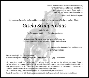 Anzeige von Gisela Schäperclaus von Kölner Stadt-Anzeiger / Kölnische Rundschau / Express