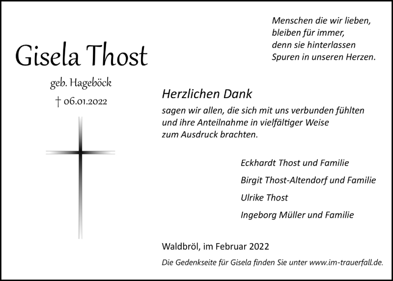  Traueranzeige für Gisela Thost vom 25.02.2022 aus  Lokalanzeiger 