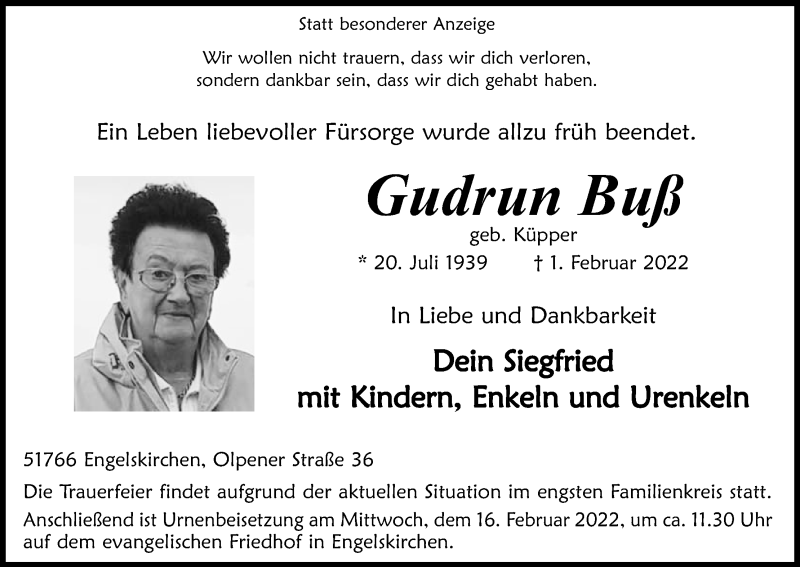  Traueranzeige für Gudrun Buß vom 12.02.2022 aus Kölner Stadt-Anzeiger / Kölnische Rundschau / Express