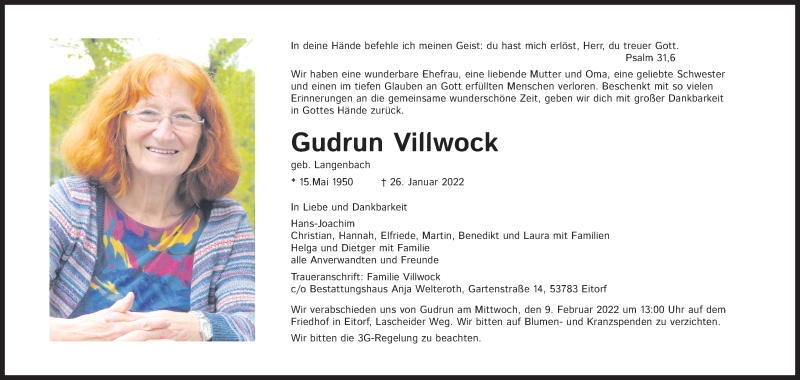  Traueranzeige für Gudrun Villwock vom 05.02.2022 aus Kölner Stadt-Anzeiger / Kölnische Rundschau / Express