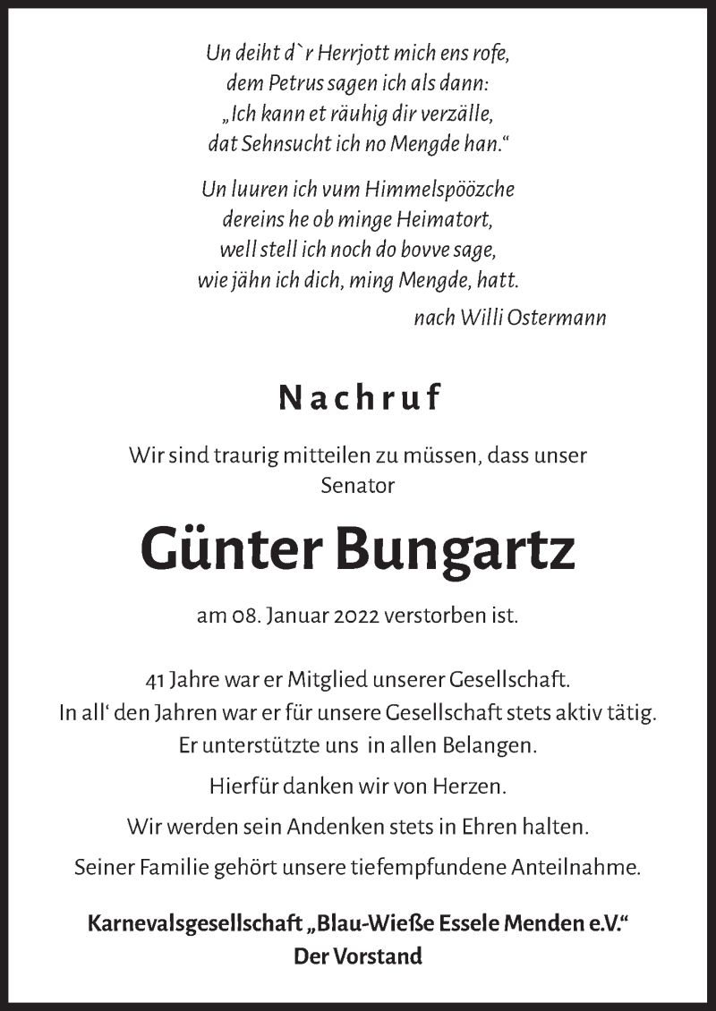  Traueranzeige für Günter Bungartz vom 04.02.2022 aus  Extra Blatt 