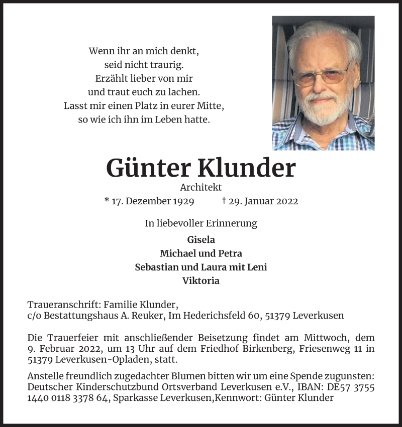  Traueranzeige für Günter Klunder vom 05.02.2022 aus Kölner Stadt-Anzeiger / Kölnische Rundschau / Express