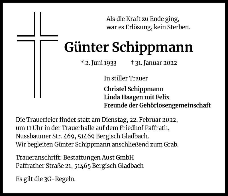  Traueranzeige für Günter Schippmann vom 19.02.2022 aus Kölner Stadt-Anzeiger / Kölnische Rundschau / Express