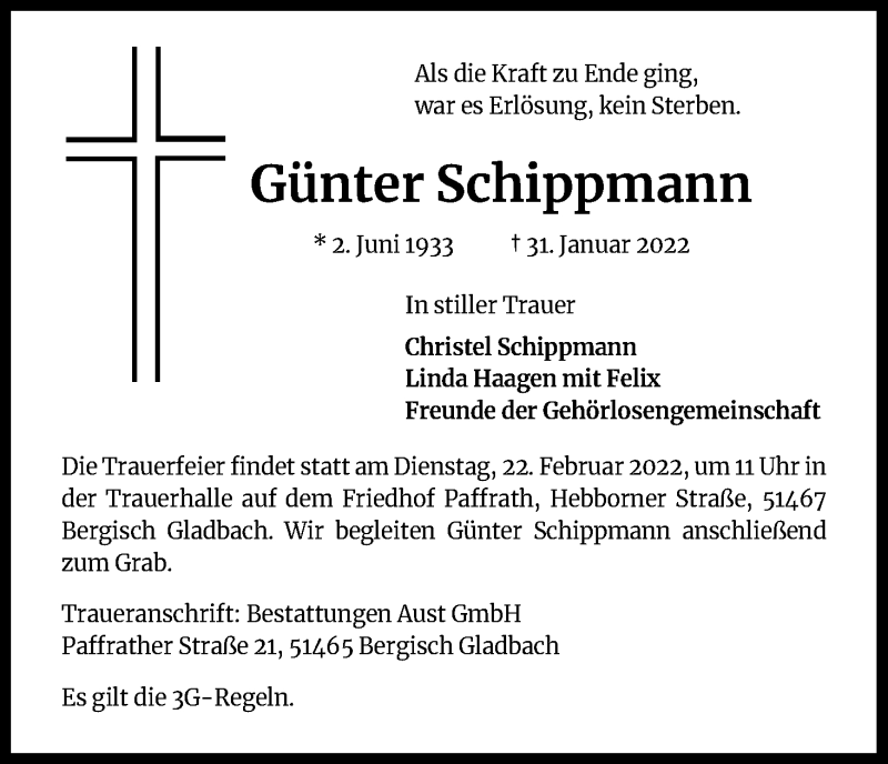  Traueranzeige für Günter Schippmann vom 18.02.2022 aus Kölner Stadt-Anzeiger / Kölnische Rundschau / Express