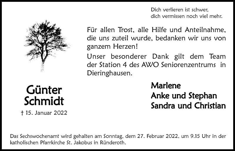  Traueranzeige für Günter Schmidt vom 18.02.2022 aus  Anzeigen Echo 