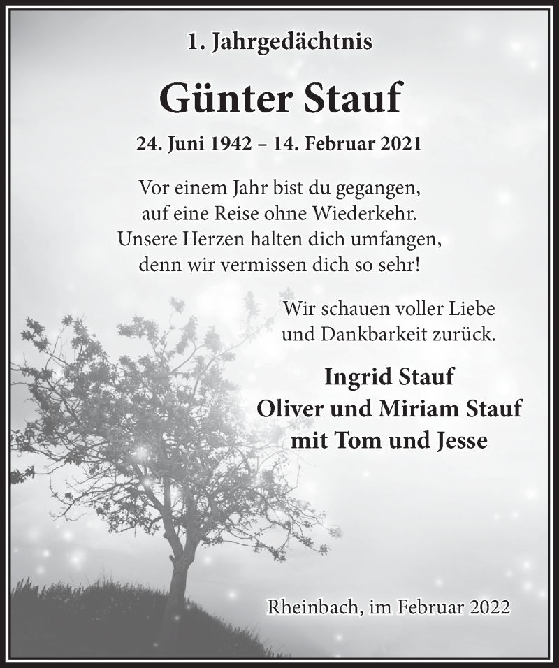  Traueranzeige für Günter Stauf vom 18.02.2022 aus  Schaufenster/Blickpunkt 