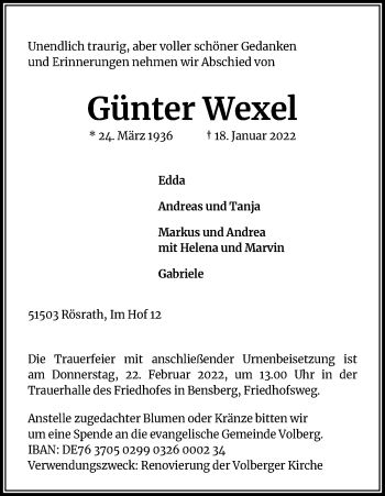 Anzeige von Günter Wexel von Kölner Stadt-Anzeiger / Kölnische Rundschau / Express