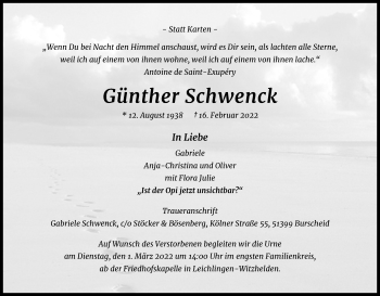 Anzeige von Günther Schwenck von Kölner Stadt-Anzeiger / Kölnische Rundschau / Express