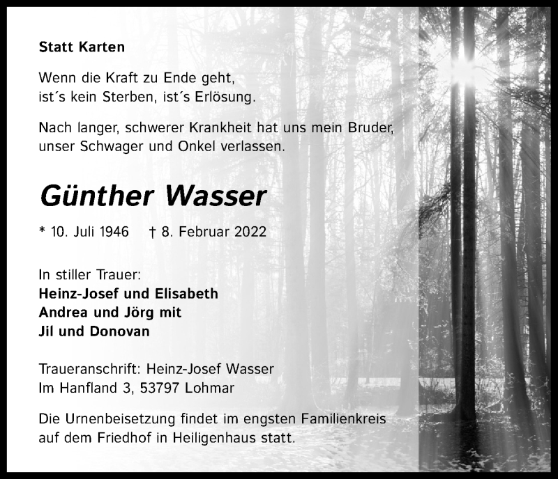  Traueranzeige für Günther Wasser vom 12.02.2022 aus Kölner Stadt-Anzeiger / Kölnische Rundschau / Express