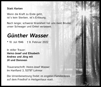 Anzeige von Günther Wasser von Kölner Stadt-Anzeiger / Kölnische Rundschau / Express