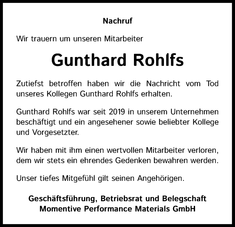  Traueranzeige für Gunthard Rohlfs vom 05.02.2022 aus Kölner Stadt-Anzeiger / Kölnische Rundschau / Express