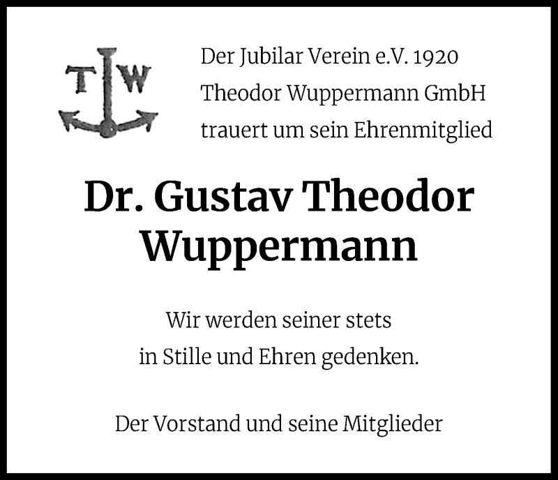  Traueranzeige für Gustav Theodor Wuppermann vom 02.02.2022 aus Kölner Stadt-Anzeiger / Kölnische Rundschau / Express