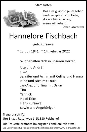 Anzeige von Hannelore Fischbach von  Lokalanzeiger 